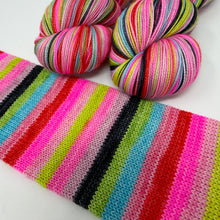 Load image into Gallery viewer, 80/20 SW/NYLON 2ply sock yarn 10 stripe “Yeah but Elvis said it’s Cotton Candy Land”
