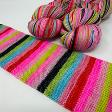 Load image into Gallery viewer, 80/20 SW/NYLON 2ply sock yarn 10 stripe “Yeah but Elvis said it’s Cotton Candy Land”
