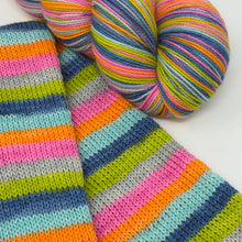 Load image into Gallery viewer, 80/20 SW/NYLON 2ply sock yarn 6 stripe NKOTB THE RIGHT STUFF colorway
