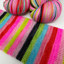 Load image into Gallery viewer, 80/20 SW/NYLON 2ply sock yarn 10 stripe “Yeah but Elvis said it’s Cotton Candy Land”
