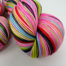 Load image into Gallery viewer, 80/20 SW/NYLON 2ply sock yarn 10 stripe “Yeah but Elvis said it’s Cotton Candy Land”

