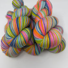 Load image into Gallery viewer, 80/20 SW/NYLON 2ply sock yarn 6 stripe NKOTB THE RIGHT STUFF colorway
