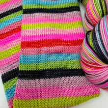 Load image into Gallery viewer, 80/20 SW/NYLON 2ply sock yarn 10 stripe “Yeah but Elvis said it’s Cotton Candy Land”
