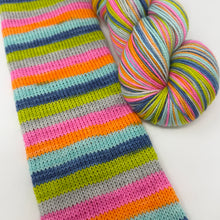 Load image into Gallery viewer, 80/20 SW/NYLON 2ply sock yarn 6 stripe NKOTB THE RIGHT STUFF colorway
