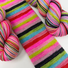 Load image into Gallery viewer, 80/20 SW/NYLON 2ply sock yarn 10 stripe “Yeah but Elvis said it’s Cotton Candy Land”
