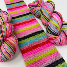 Load image into Gallery viewer, 80/20 SW/NYLON 2ply sock yarn 10 stripe “Yeah but Elvis said it’s Cotton Candy Land”
