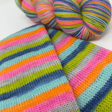 Load image into Gallery viewer, 80/20 SW/NYLON 2ply sock yarn 6 stripe NKOTB THE RIGHT STUFF colorway
