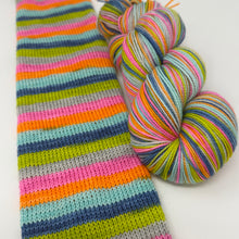 Load image into Gallery viewer, 80/20 SW/NYLON 2ply sock yarn 6 stripe NKOTB THE RIGHT STUFF colorway
