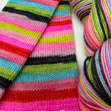 Load image into Gallery viewer, 80/20 SW/NYLON 2ply sock yarn 10 stripe “Yeah but Elvis said it’s Cotton Candy Land”
