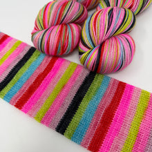 Load image into Gallery viewer, 80/20 SW/NYLON 2ply sock yarn 10 stripe “Yeah but Elvis said it’s Cotton Candy Land”
