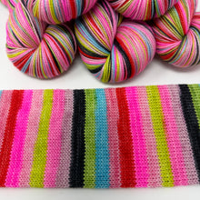 Load image into Gallery viewer, 80/20 SW/NYLON 2ply sock yarn 10 stripe “Yeah but Elvis said it’s Cotton Candy Land”
