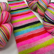 Load image into Gallery viewer, 80/20 SW/NYLON 2ply sock yarn 10 stripe “Yeah but Elvis said it’s Cotton Candy Land”
