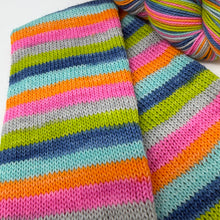 Load image into Gallery viewer, 80/20 SW/NYLON 2ply sock yarn 6 stripe NKOTB THE RIGHT STUFF colorway
