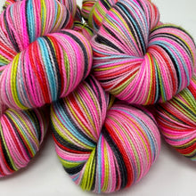 Load image into Gallery viewer, 80/20 SW/NYLON 2ply sock yarn 10 stripe “Yeah but Elvis said it’s Cotton Candy Land”
