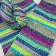 Load image into Gallery viewer, New colorway- Wild Vespas self striping sock yarn
